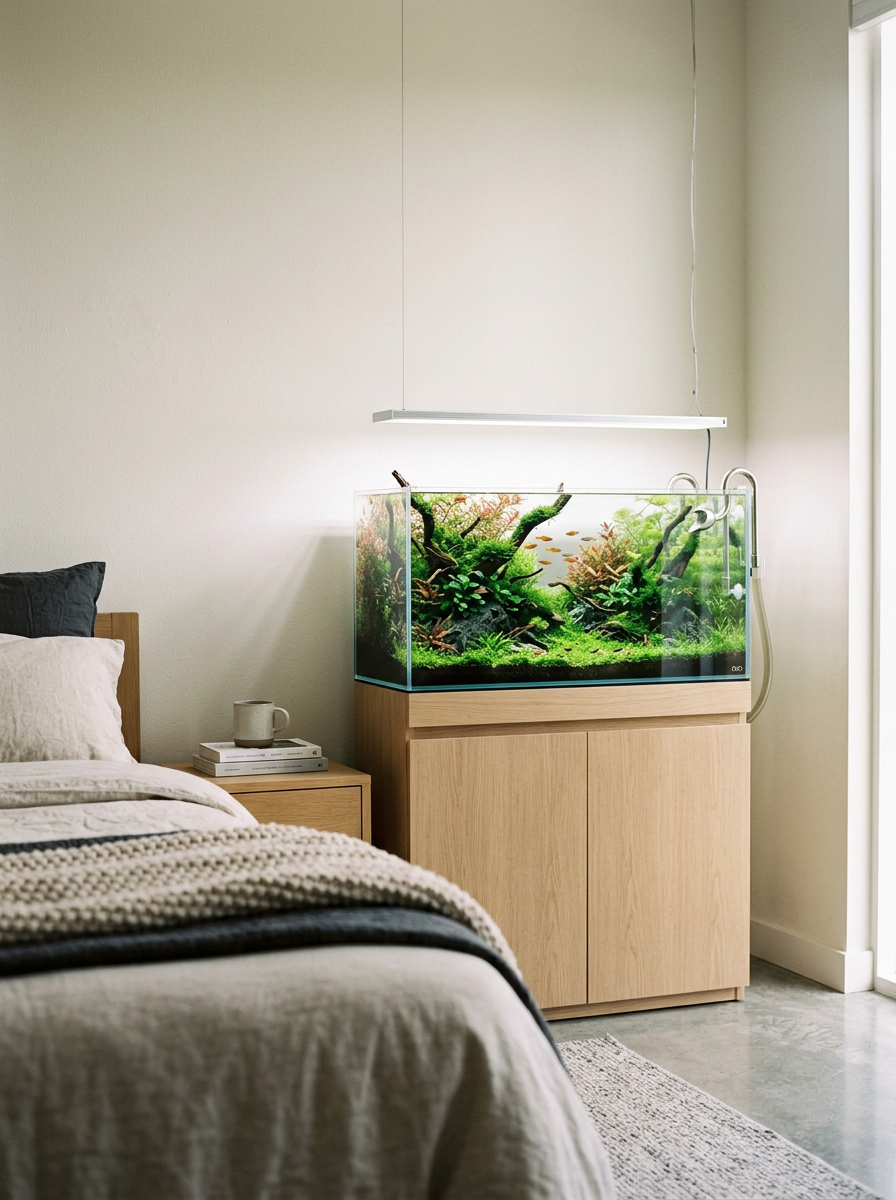 A bedroom with a bed, side table, mug, books, and an aquarium on a wooden stand with plants and small fish inside.