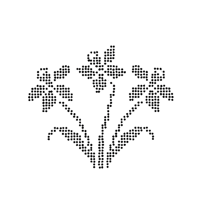 A simple black line drawing of a floral bouquet with multiple flowers and leaves.