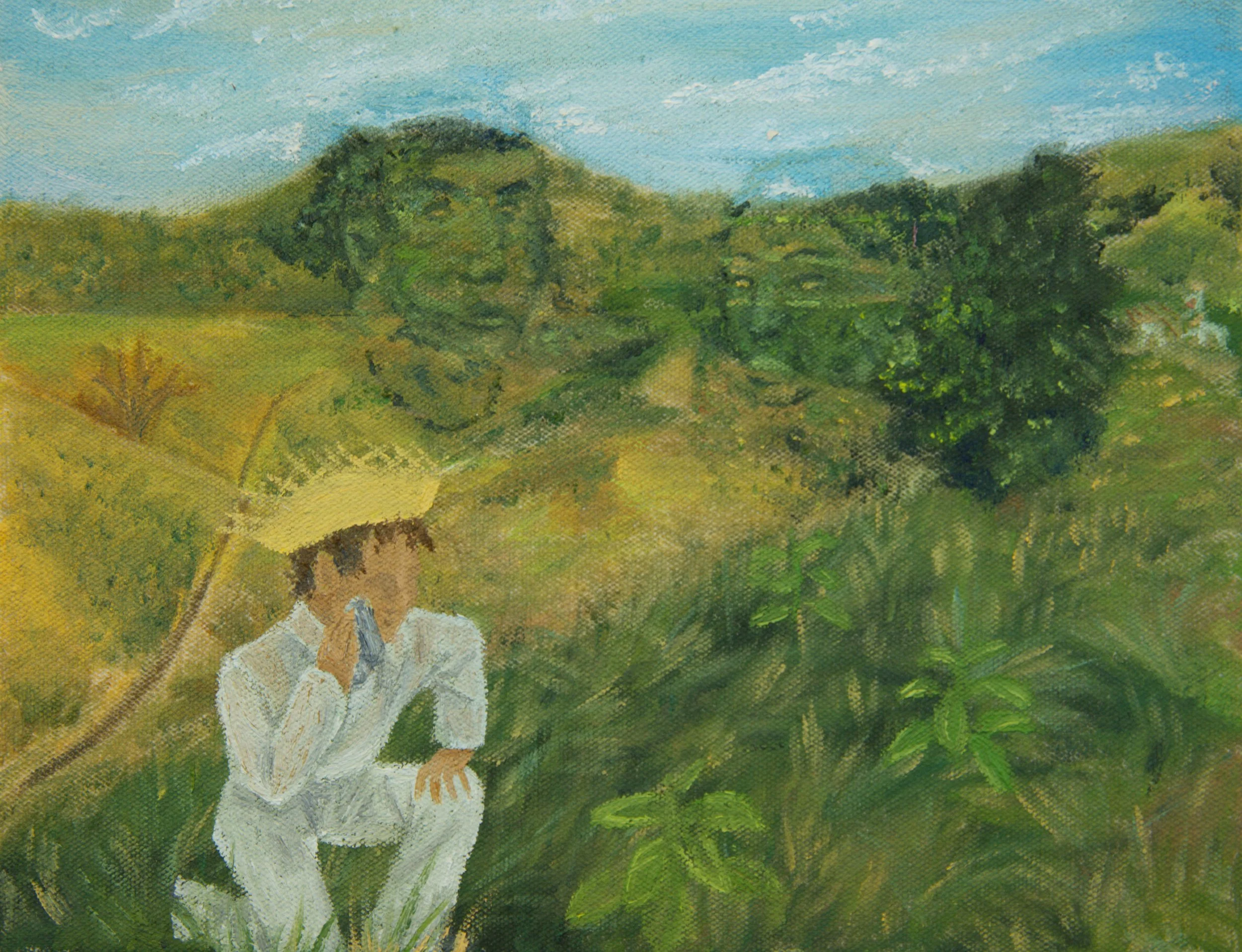 A figure kneels in a lush green landscape beneath a blue sky, while ancestral figures are subtly blended into the surrounding trees and foliage.