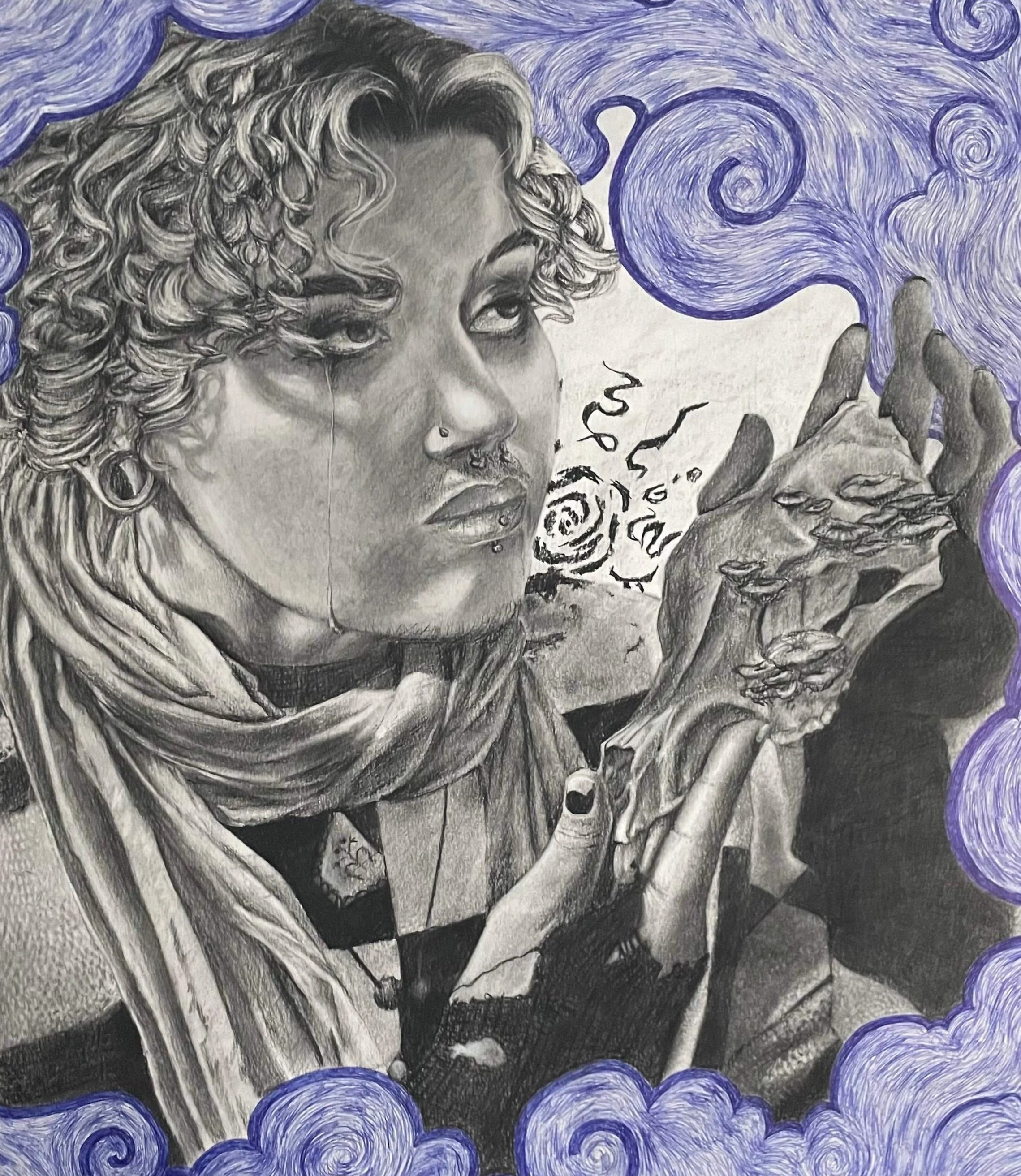 A detailed black and white sketch of a woman with curly hair, with purple swirling clouds around her.