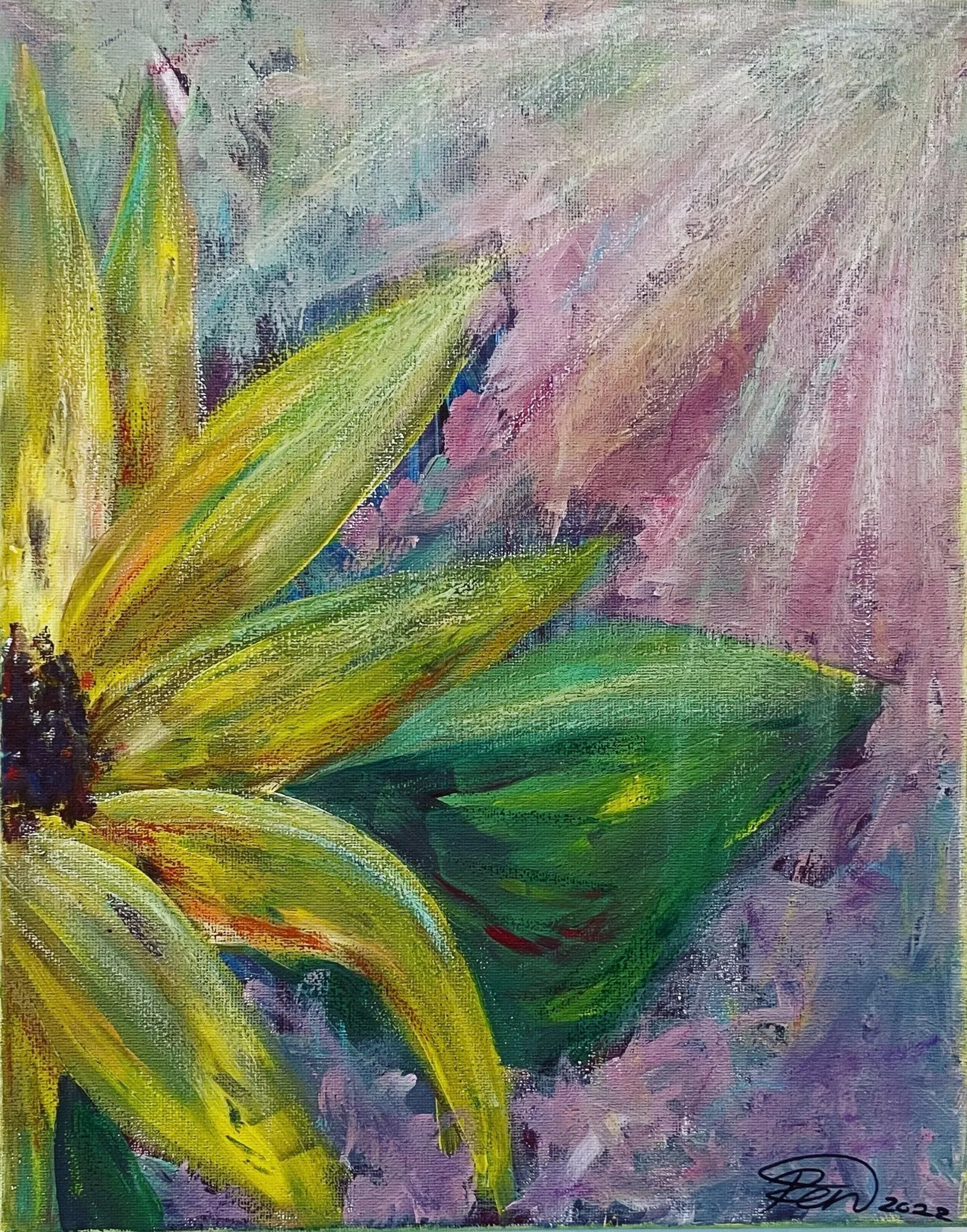 Abstract painting of green and yellow leaves with pink, purple, and blue background, painted with expressive brushstrokes.
