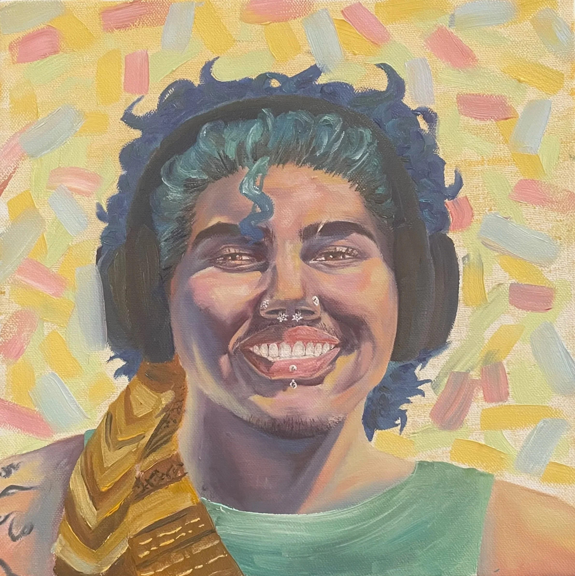 Colorful self-portrait of Ren Rivera Velez smiling, with dark curly hair and facial piercings, surrounded by loose yellow, pink, and orange brushstrokes.