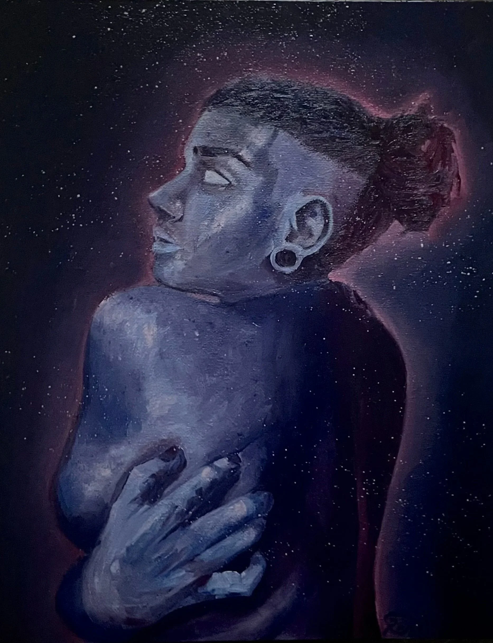 A portrait of a woman with closed eyes and glasses, painted with a space-themed background including stars and galaxies, with her head and hand resting on her knee.