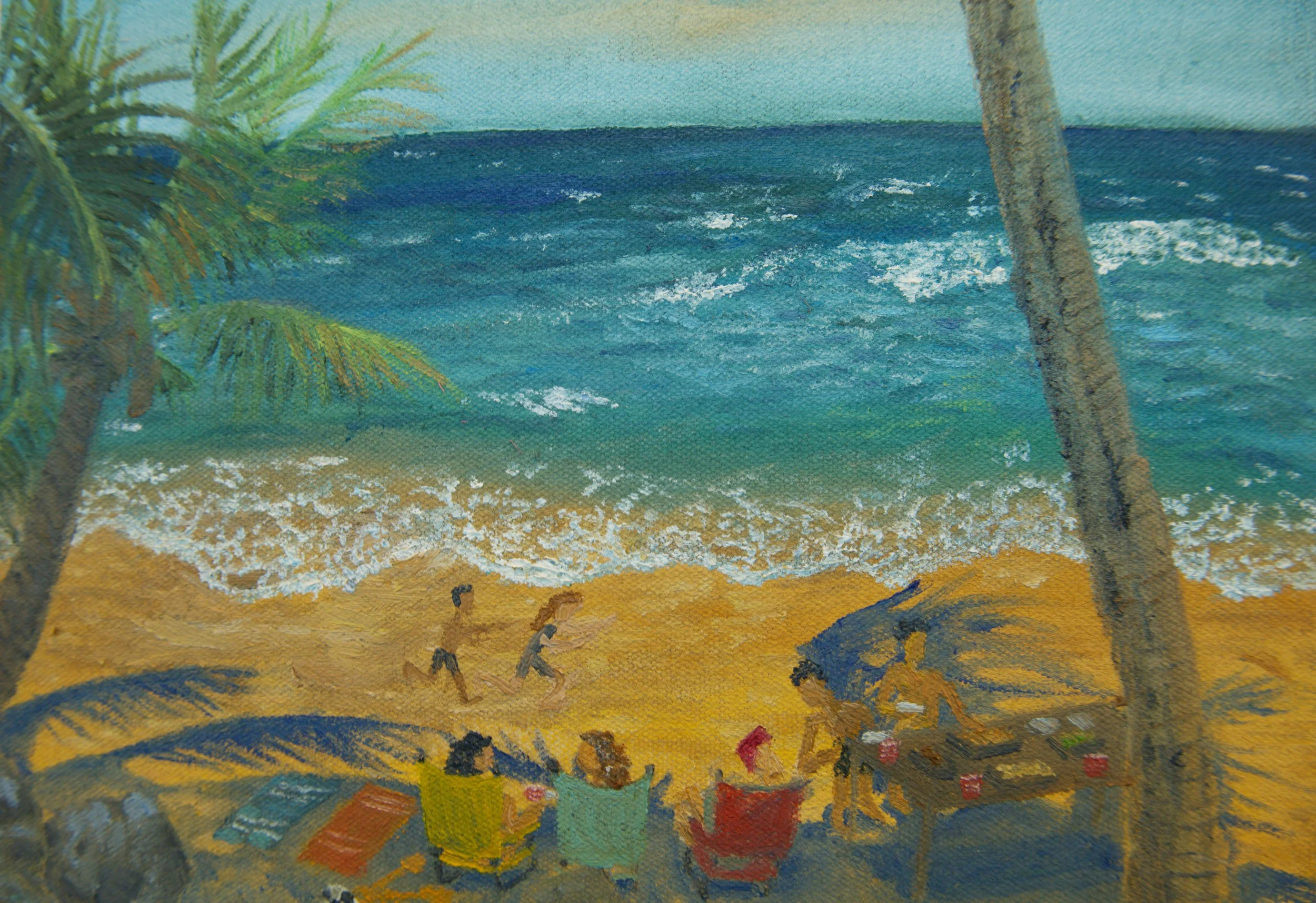 Puerto Rican coastal landscape with blue ocean waves, sandy shore, palm trees, and small figures along the water.