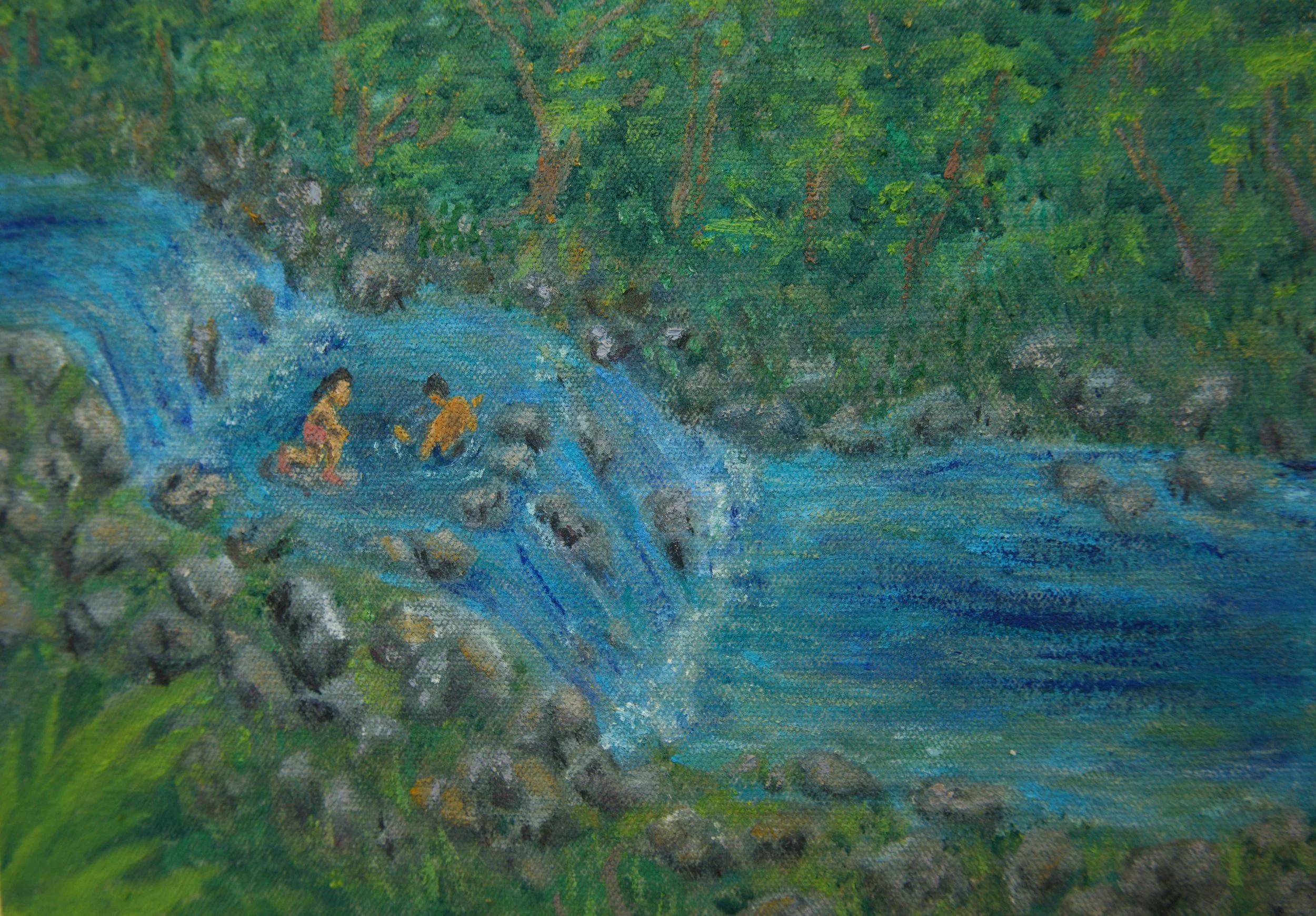 Puerto Rican landscape painting of two children playing in a blue-green stream surrounded by rocks, dense tropical foliage, and trees.