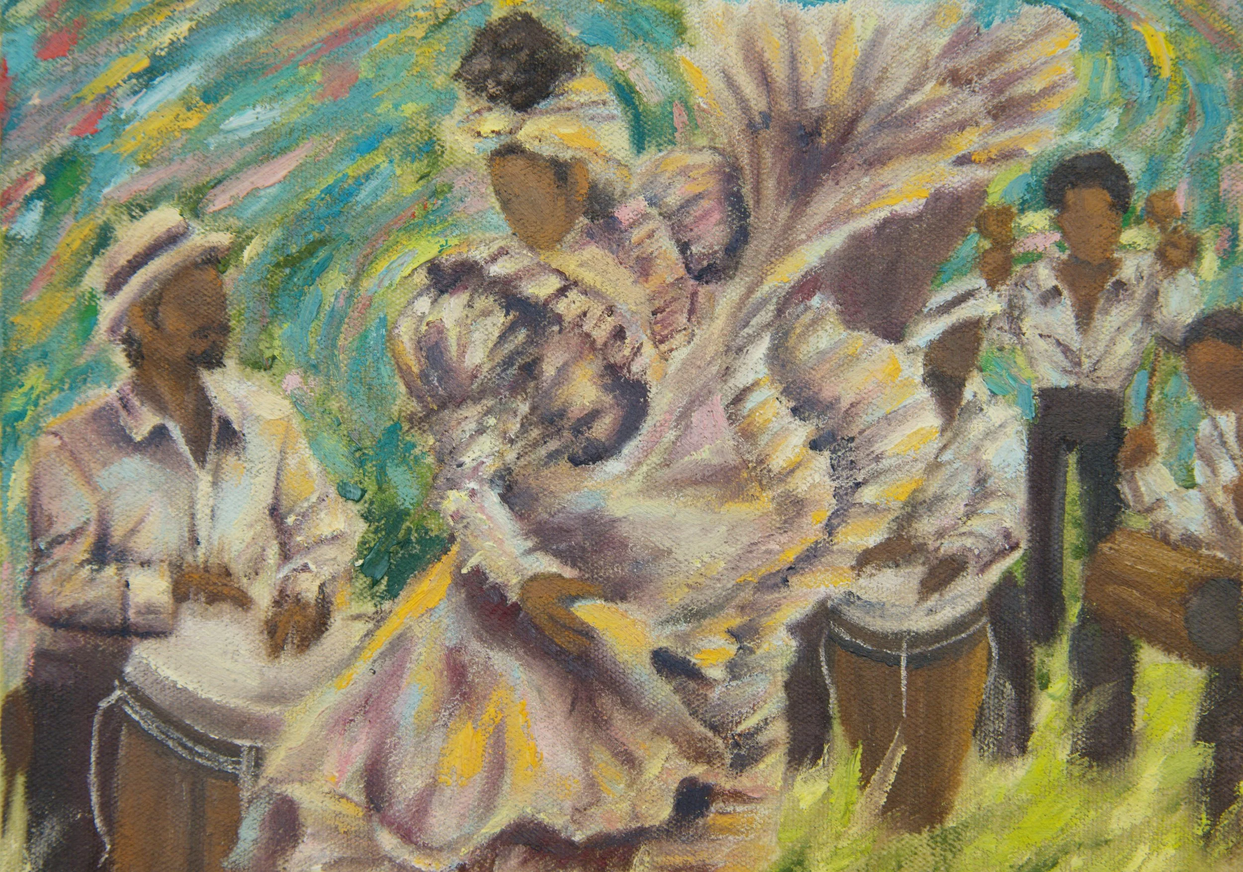 Puerto Rican bomba scene with a dancer in a flowing dress surrounded by musicians playing hand drums, rendered with energetic brushwork and layered color.