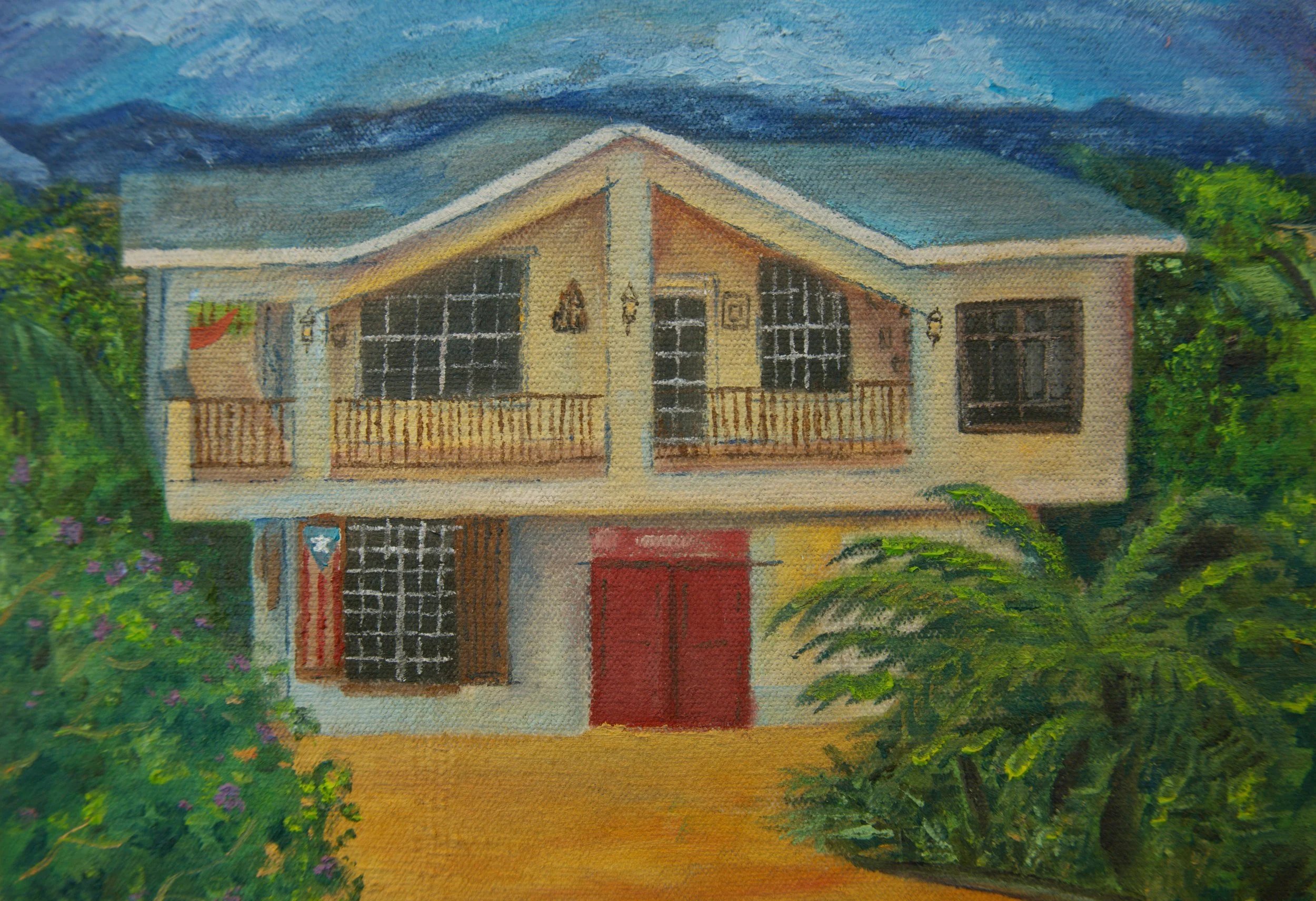 Painting of Ren Rivera Velez’s family home in Puerto Rico, surrounded by tropical greenery with a Puerto Rican flag visible on the lower level..
