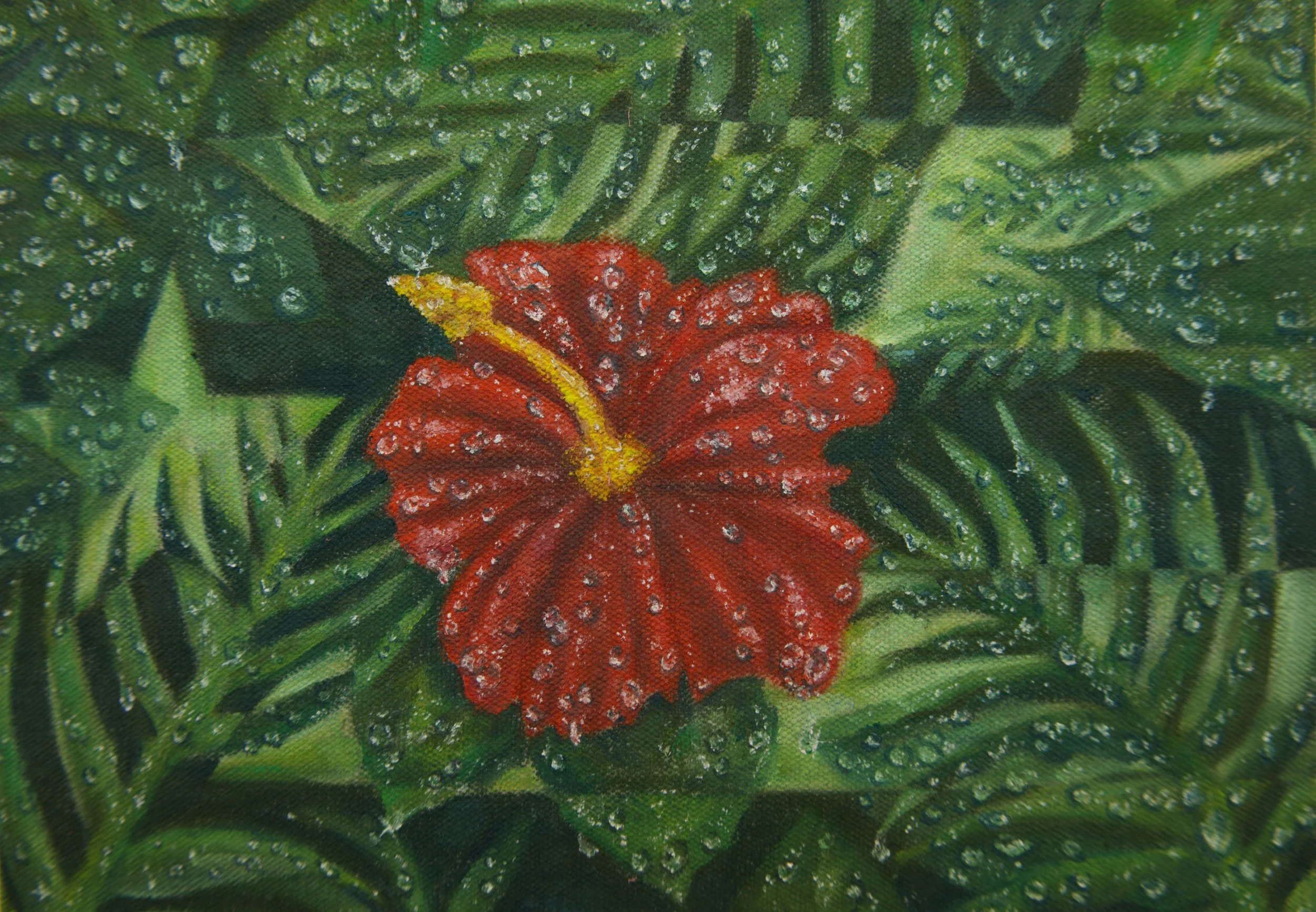 A vivid red hibiscus covered in water droplets emerges from dense tropical foliage, with the Puerto Rican flag subtly incorporated into the greenery behind it.