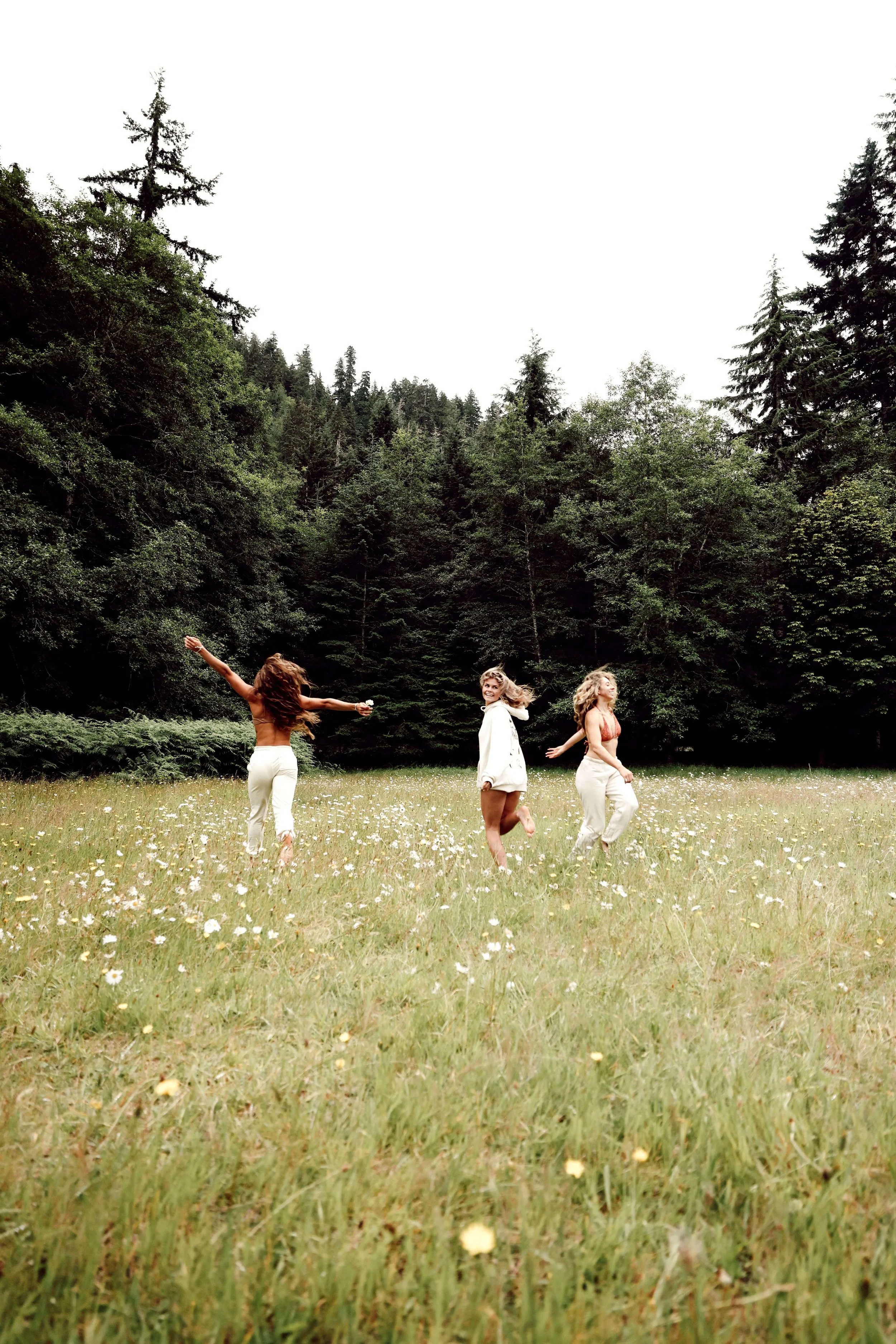 Three women in casual clothing dancing and spinning in a grassy field with small white flowers, surrounded by tall evergreen trees on a cloudy day.