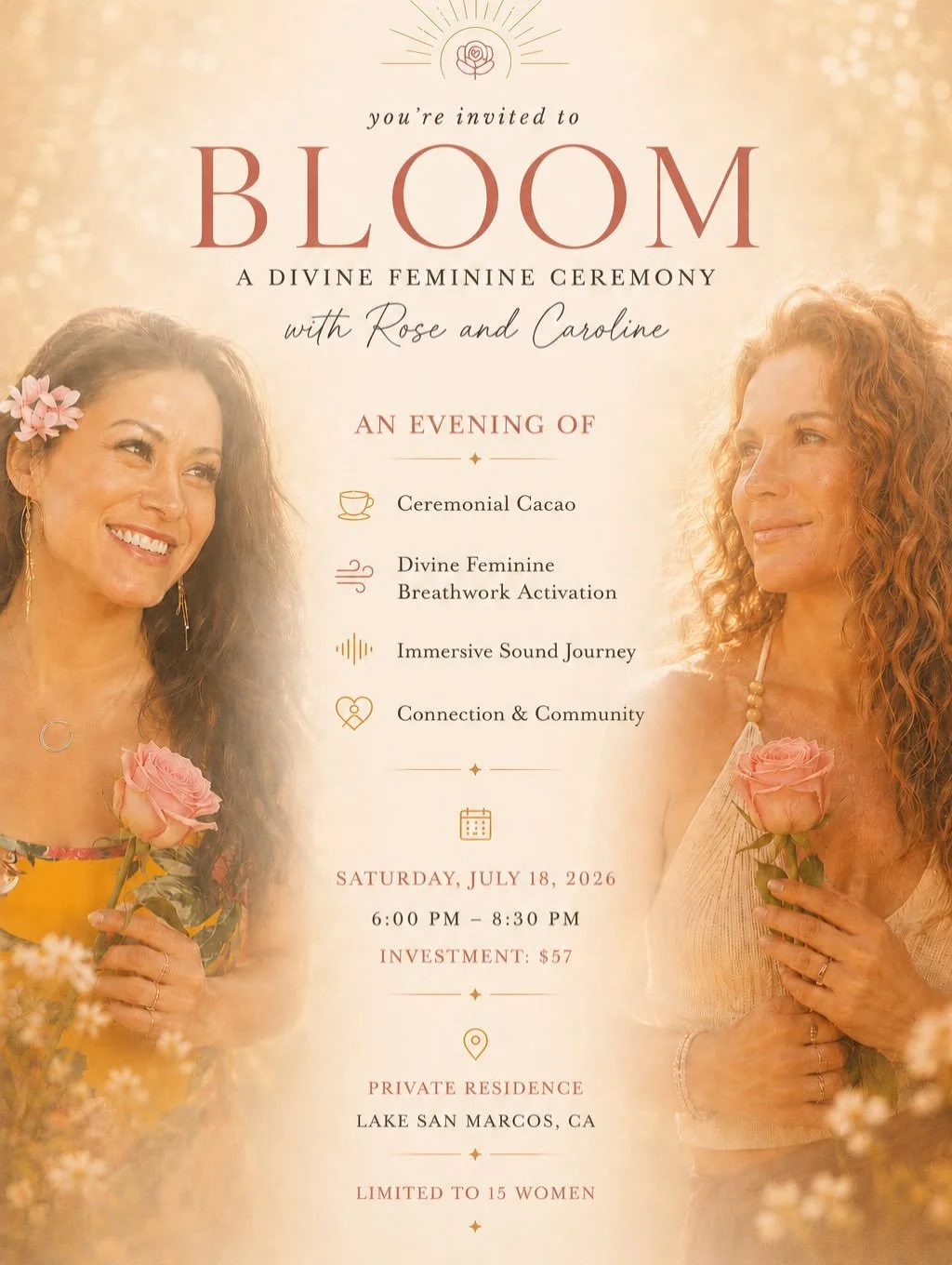 This Saturday, 7/18, we are so excited to gather with an incredible group of women for this beautiful Divine Feminine Ceremony.😍❤️🌹✨

The invitation is to establish safety in the body so that we feel safe enough to release the grip of control &amp;