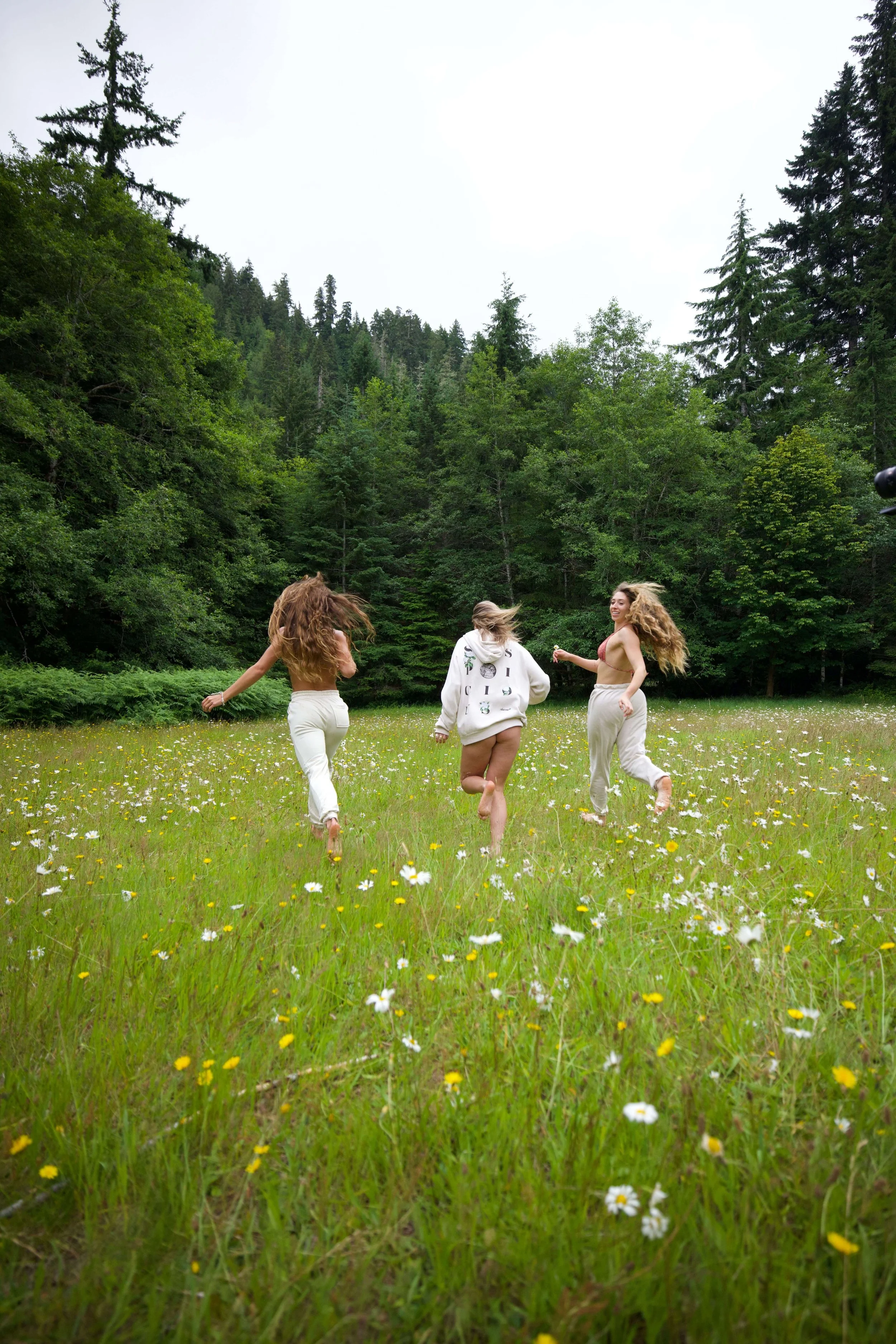 Four young women with long hair in casual summer clothes are running and playing in a lush green meadow filled with small white and yellow flowers, with dense evergreen forest and trees in the background.