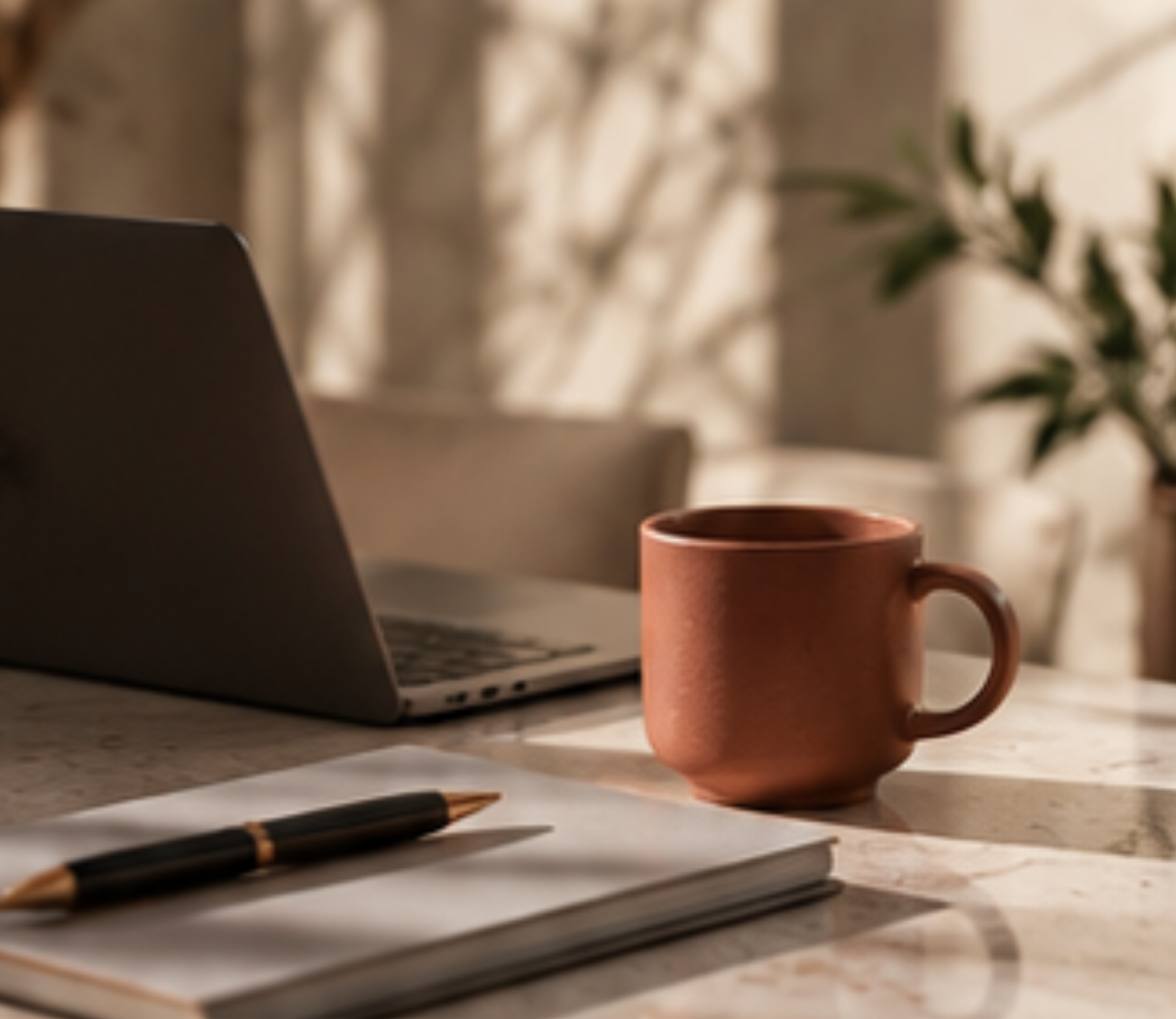 A workspace with a laptop on a desk, a pink coffee mug, a magazine with a pen on top, and a pen on a stack of papers. In the background, there are out-of-focus indoor plants.