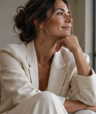 A woman with brown hair in a loose bun, wearing a beige blazer, sitting and gazing out a window with a serene expression.