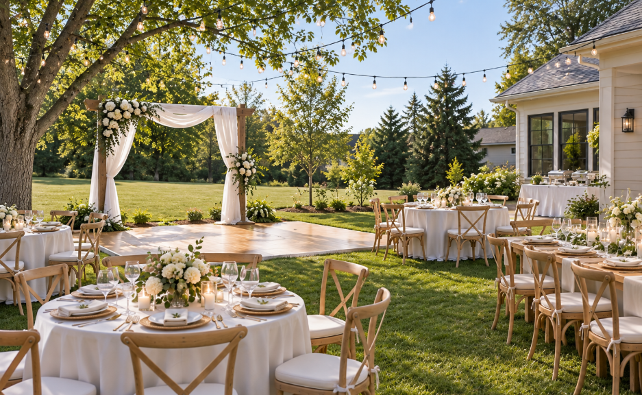 Outdoor wedding reception setup with round tables covered in white tablecloths, floral centerpieces, and place settings, around a wooden dance floor under string lights, with trees and a house in the background.