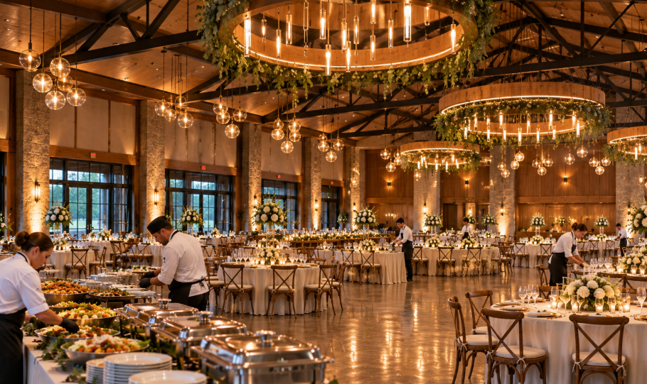 Elegant wedding reception hall decorated with hanging circular chandeliers, string lights, and large floral centerpieces on round tables with white tablecloths, set for dinner with plates, glasses, and silverware, and servers preparing food.