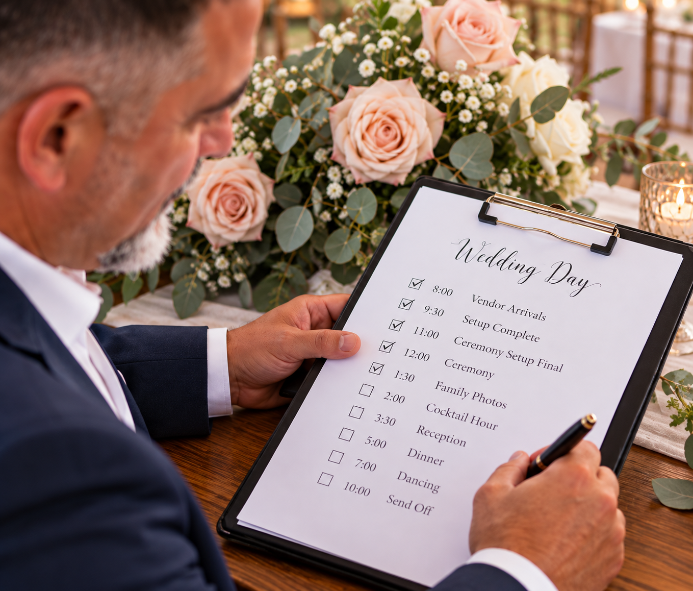 A man in a dark suit is holding a wedding day schedule checklist on a black clipboard, sitting at a wooden table decorated with pink and white roses, baby's breath, eucalyptus leaves, and a lit candle.