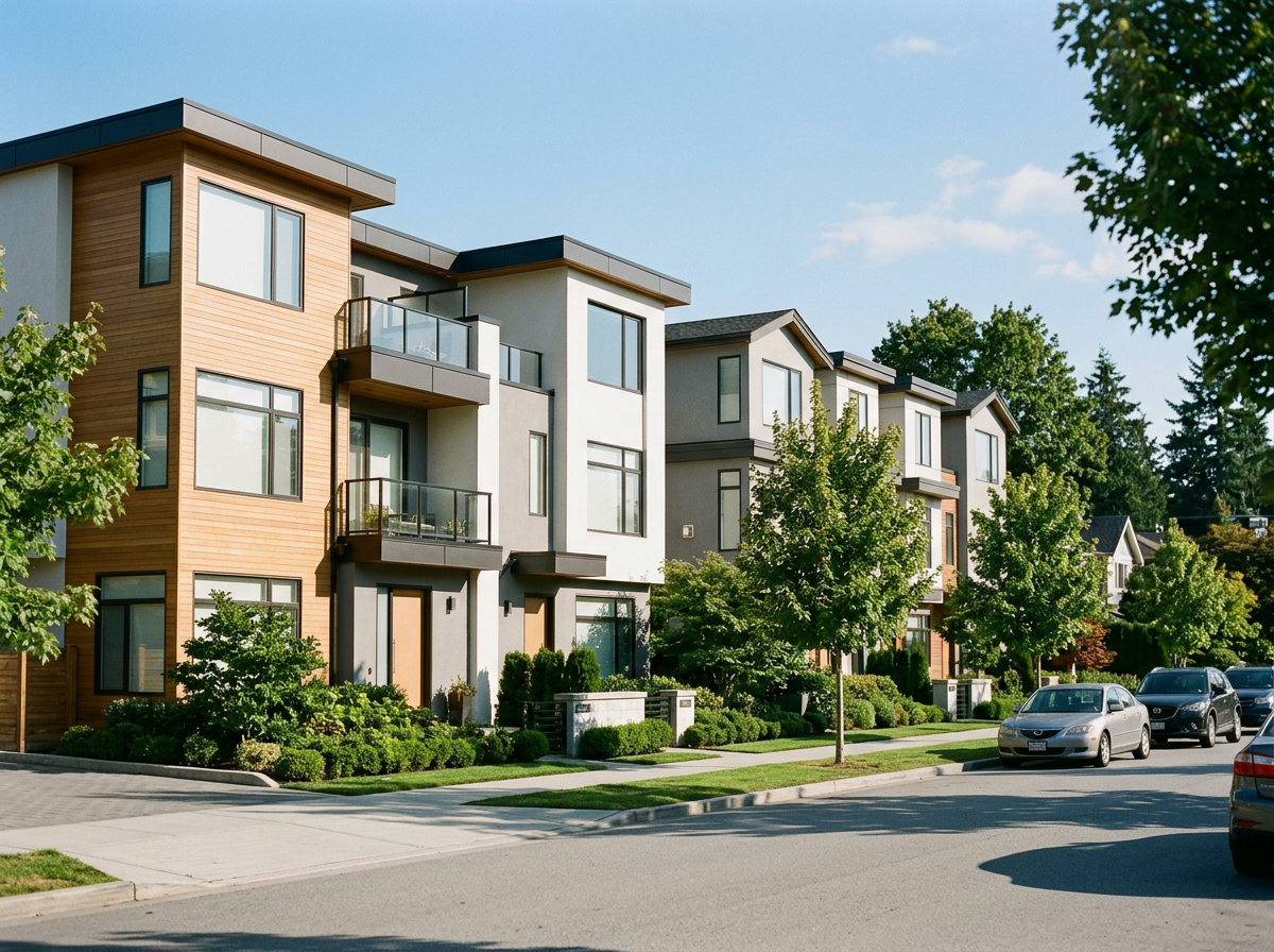 Modern multi-story residential buildings with balconies, surrounded by trees and well-maintained landscaping on a sunny day.