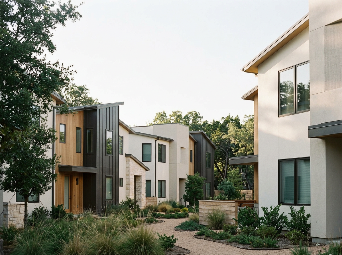 Modern multi-story residential buildings with a landscaped courtyard and trees.