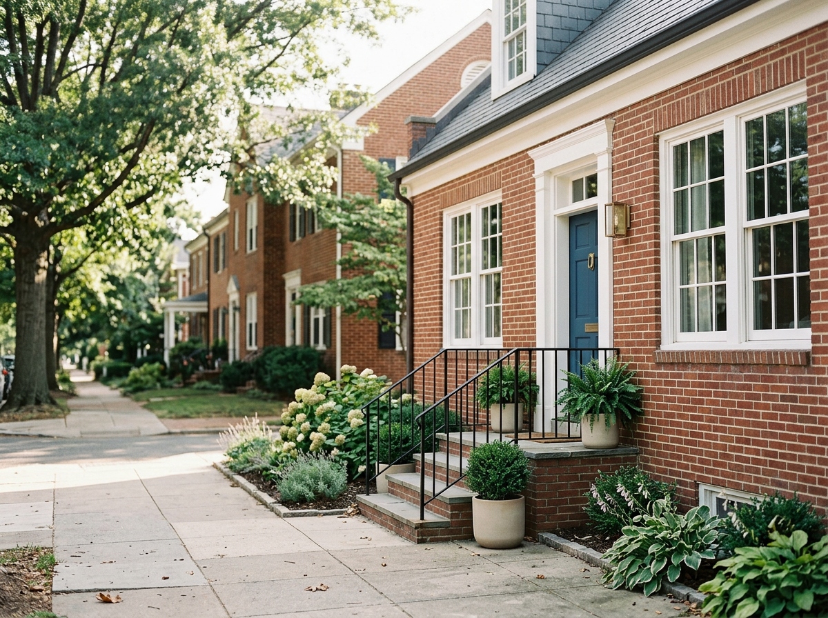 Brick house with blue front door, potted plants, and steps leading up to entrance, on a tree-lined street.