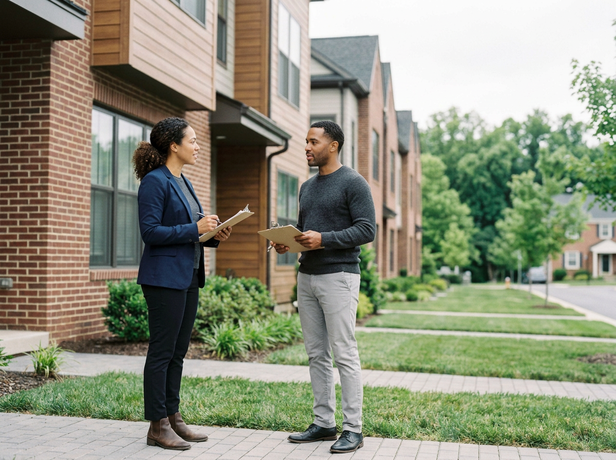A woman and a man having a conversation outside a residential building while holding clipboards, with greenery and sidewalk in the background.