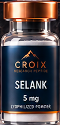 A small glass vial with a blue label and a metallic cap, labeled 'CROIX RESEARCH PEPTIDE SELANK 5 mg LIPOIDIZED FORM'.