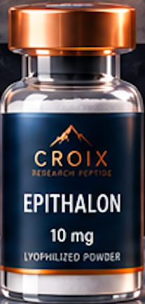 Vial labeled 'Croix Epithalon 10 mg Lyophilized Powder' with a metallic cap.