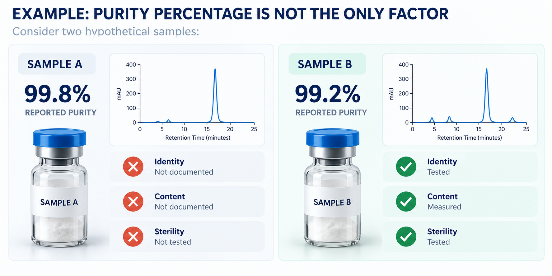 Infographic comparing two samples of a substance, labeled SAMPLE A and SAMPLE B, with a title 'EXAMPLE: PURITY PERCENTAGE IS NOT THE ONLY FACTOR.' It shows sample A with 99.8% reported purity and sample B with 99.2% reported purity. Each sample has a chart displaying retention time data. SAMPLE A's features are marked with red crosses for identity, content, and sterility, indicating not documented or not tested. SAMPLE B's features are marked with green checkmarks for identity, content, and sterility, indicating tested and measured.