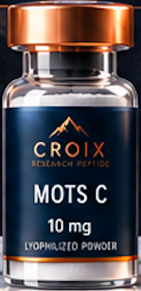 A bottle of CROIX brand supplement labeled as MOTS C, 10 mg, with a copper-colored cap.