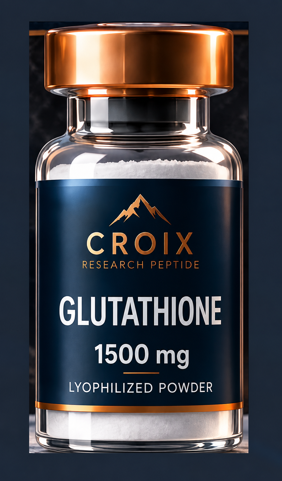 A bottle of CROIX research peptide supplement labeled Glutathione 1500 mg, lyophilized powder, with a mountain logo and blue and copper-colored design.