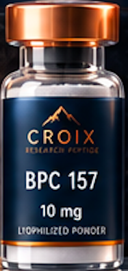 A medical vial labeled 'Croix Research Force BPC 157 10 mg' with a copper-colored cap