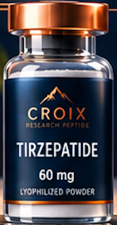 A bottle of Croix Tirzepatide 60 mg lyophilized powder medication with a copper-colored cap and navy blue label.