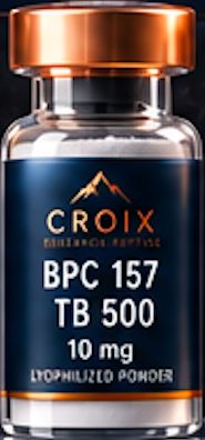 A small glass vial with a metallic copper-colored cap, labeled 'CROIX BPC 157 TB 500 10 mg Lyophilized Powder.'