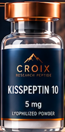 A bottle labeled Croix Kisspeptin 10, 5 mg, lyophilized powder, with a blue label and a gold cap.