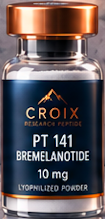 A small vial labeled 'Croix Dispensaire Peptid PT 141 Bremelanotide 10 mg Lyophilized Powder' with a gold-colored cap.
