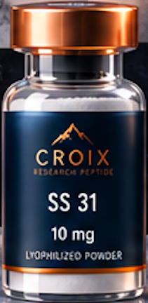 Vial of Croix Research Peptide SS 31, 10 mg, lyophilized powder, with a copper-colored cap and dark blue label.