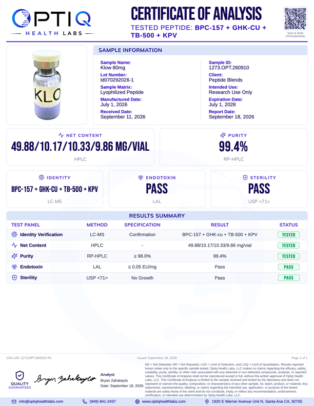 Laboratory test report from PTIQ Health Labs showing results for a sample named 'KLO 80mg'. The sample was manufactured on July 1, 2026, and received on September 11, 2026. It was tested for Lyophilized Peptide with high purity (99.4%). The test results confirm the content of BPC-157, GHK-Cu, TB-500, and KPV, with all parameters passing quality standards. The report includes sample ID, lab details, and a QR code for verification.