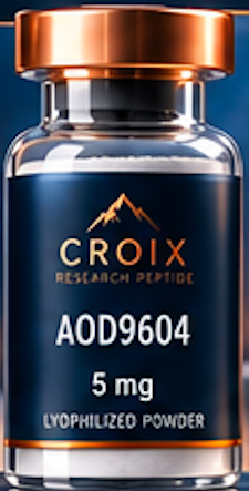 A small glass vial with a copper-colored cap containing lyophilized powder, labeled Croix Research Prototype AOD9604 5 mg.