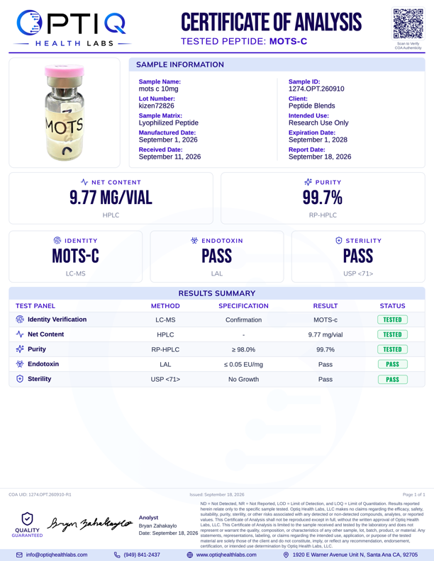Laboratory report from PTIQ Health Labs showing results for a sample labeled MOTS-C. The report indicates the sample contains 9.77 mg per vial with 99.7% purity, and confirms the presence of MOTS-C peptide. It shows test results for identity, net content, purity, endotoxin, and sterility, all passing the tests.