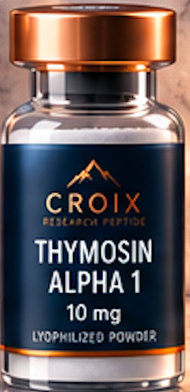 Bottle of Thymosin Alpha 1 10 mg lyophilized powder by Croix, with a gold cap and blue label.