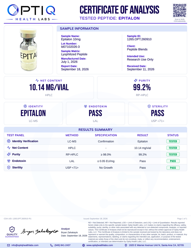 Laboratory certificate of analysis for Epitalon, showing test results including net content of 10.14 mg per vial, purity of 99.2%, and confirmation of identity and sterility, with a small vial labeled 'EPITALON' at the top left.