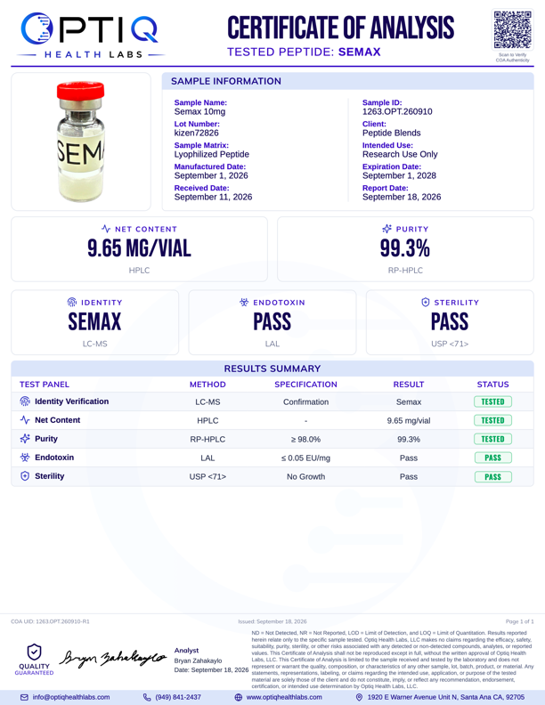Laboratory certificate of analysis for a peptide product from PTIQ Health Labs, showing sample information, results, and verification details, with an image of a small vial labeled 'SEM'.