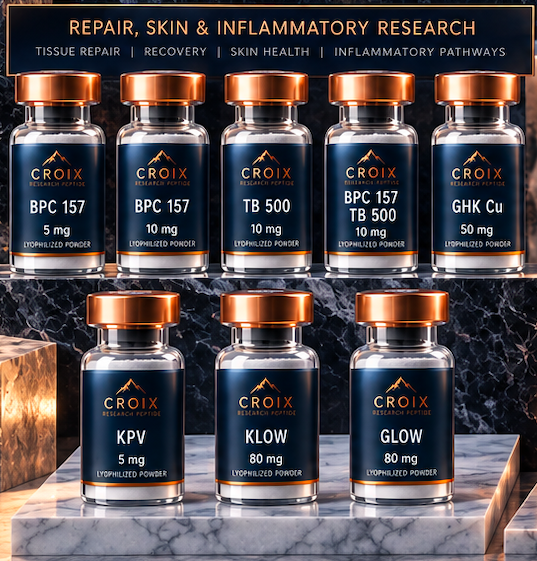 Collection of pharmaceutical bottles labeled for skin repair and inflammation research, containing various lyophilized powders such as CROIX BPC 157, TB 500, GHK Cu, KPV, KLOW, and GLOW, arranged on a marble surface with a dark marble background.