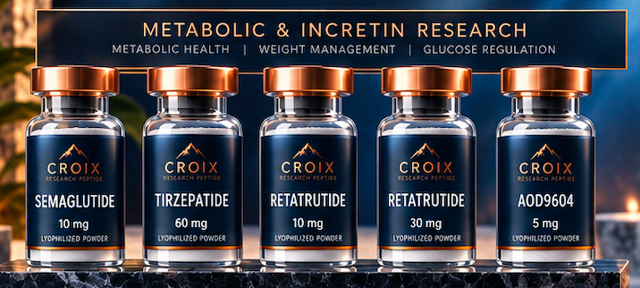 Five bottles of research peptide supplements labeled Semaglutide, Tirzepatide, Retatrutide, Retatrutide, and AOD9604, displayed on a shelf with a dark background, gold accents, and blue labels.