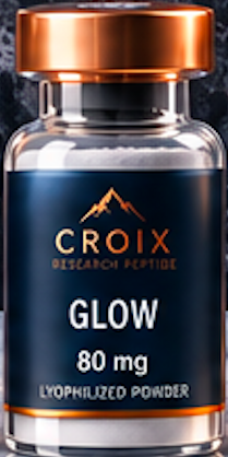 A bottle of Croix Glow supplement with a black and copper label, indicating 80 mg of lycopene powder.