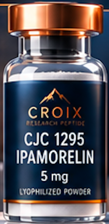 A small glass vial with a metallic copper-colored lid, labeled 'Croix Resurface Perfide', containing 5 mg of lyophilized powder of Ipamorelin, a peptide. The label includes code CJC 1295.