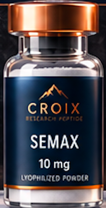 A bottle of Croix Semax 10 mg lyophilized powder supplement with a blue label and a copper-colored cap.