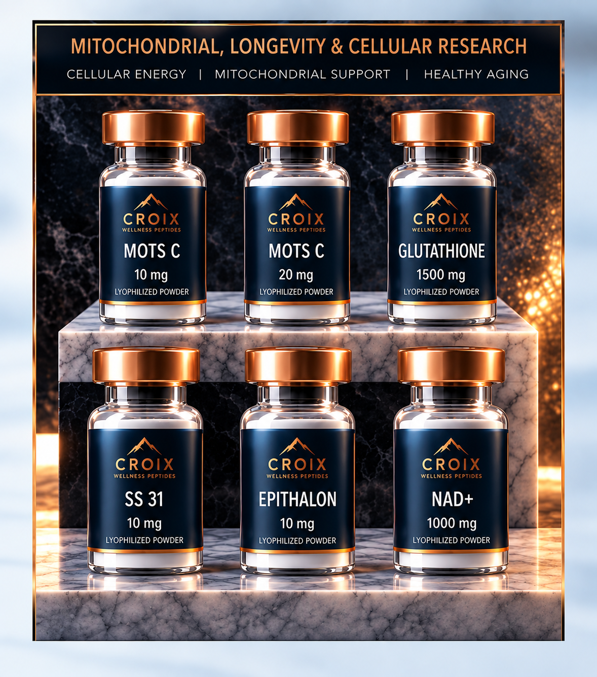 Display of six bottles of wellness peptides on a marble platform, labeled with various supplement names and dosages, used for mitochondrial, longevity, and cellular research.