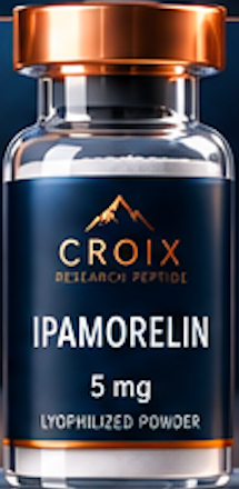 A small glass vial with a copper-colored cap containing blue lyophilized powder. The label reads 'Croix, DeLand, Florida, IPAMORELIN, 5 mg, Lyophilized Powder.'