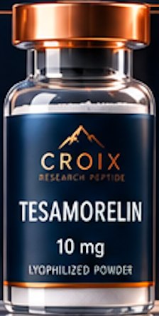A bottle of Croix Tesamorelin 10 mg lyophilized powder supplement with a navy blue and copper-colored label and a copper-colored cap.