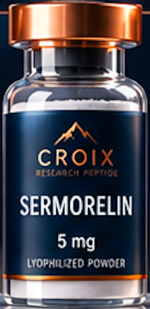 A small glass bottle with a copper-colored cap containing Sermorelin lyophilized powder, labeled as 5 mg, from Croix Research Pharma.